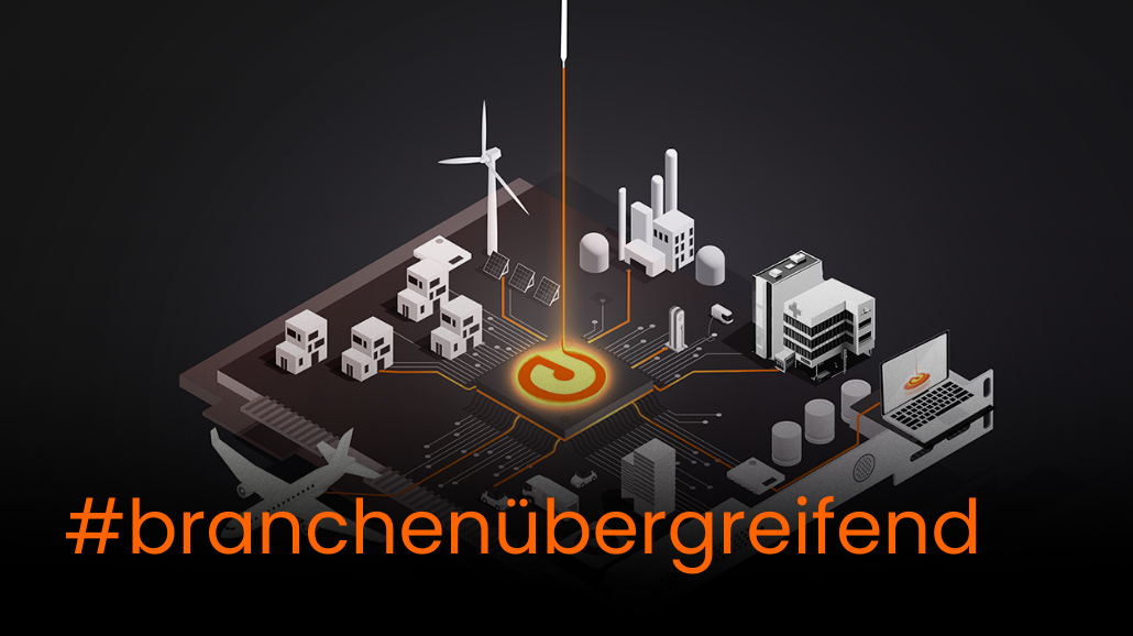 6 Isometrische Darstellung eines digitalen Stromnetzes mit einem zentralen Chip, der Energieverbindungen zu Windkraftanlagen, Solarmodulen, Fabriken, Gebäuden, einem Flugzeug und einem Laptop bündelt. Im Vordergrund steht der Schriftzug „#branchenübergreifend“ in Orange.