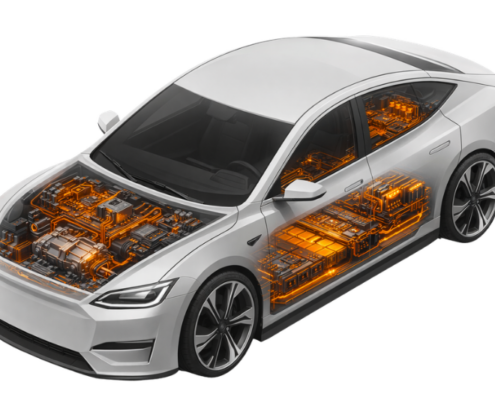 Ein weißes Elektroauto in Seitenansicht, dessen Batterie, Elektromotor und elektrische Leitungen durch eine orangefarbene technische Visualisierung im Fahrzeug sichtbar gemacht sind.