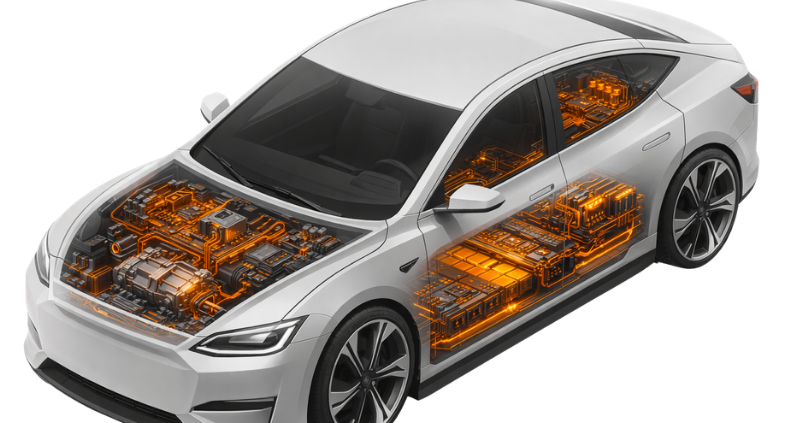 Ein weißes Elektroauto in Seitenansicht, dessen Batterie, Elektromotor und elektrische Leitungen durch eine orangefarbene technische Visualisierung im Fahrzeug sichtbar gemacht sind.