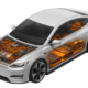 Ein weißes Elektroauto in Seitenansicht, dessen Batterie, Elektromotor und elektrische Leitungen durch eine orangefarbene technische Visualisierung im Fahrzeug sichtbar gemacht sind.